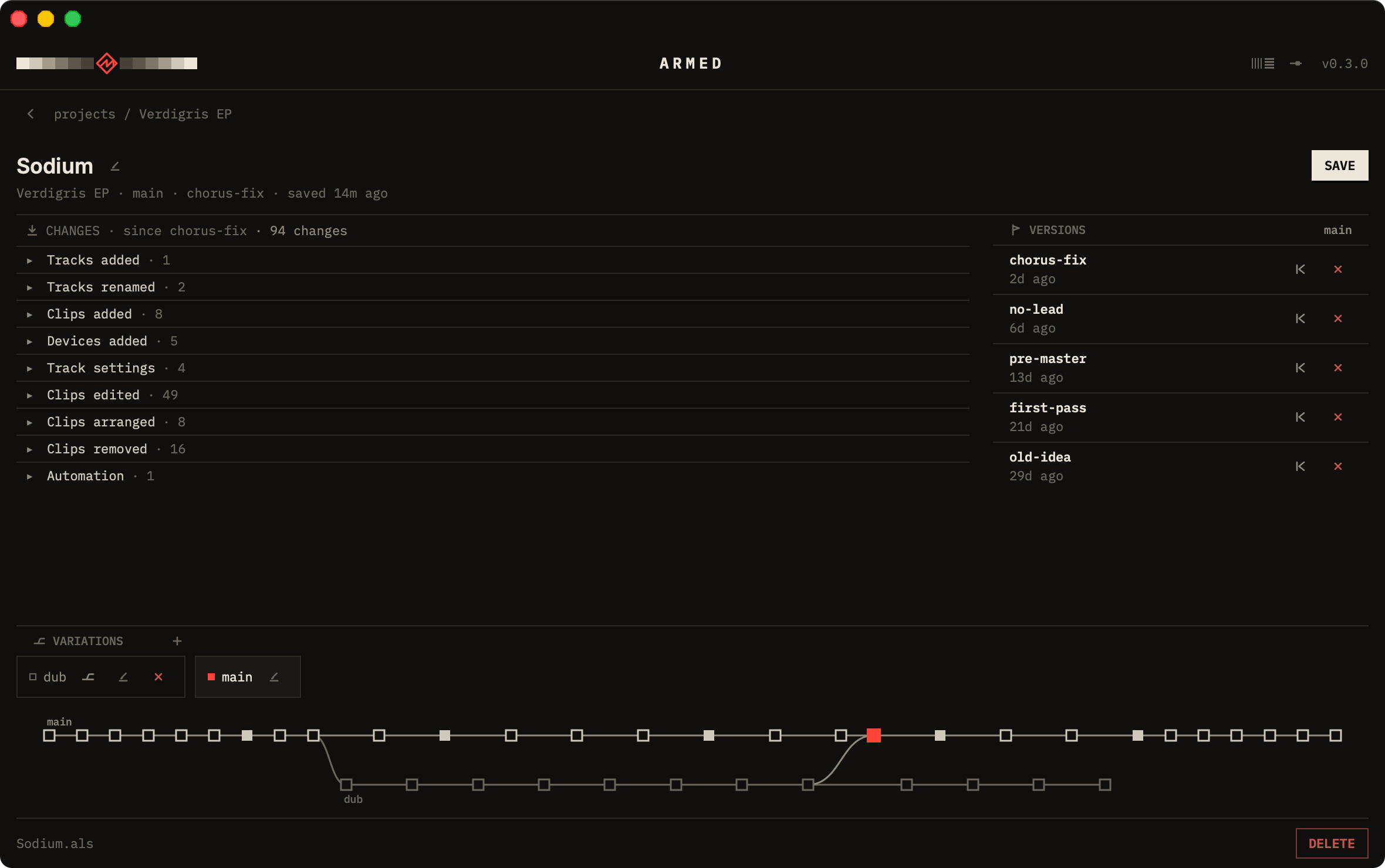 The ARMED window on the song Sodium: 94 changes since the version chorus-fix, grouped as tracks added, clips edited, automation and so on; the named versions down the right; the two variations, dub and main, and the line of saves where dub was merged back.