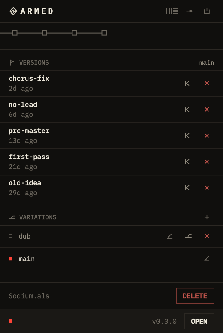 The same panel scrolled down: the named versions with restore and delete, and the variations dub and main.