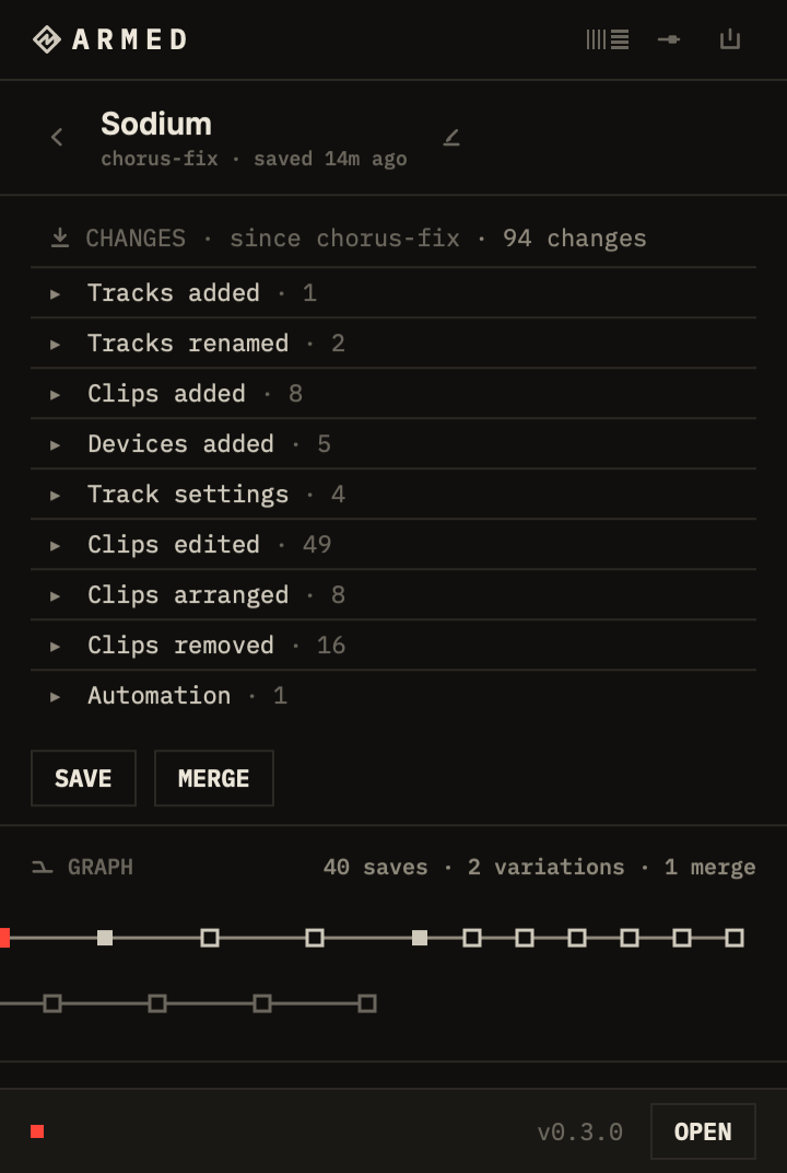 The song panel for Sodium: the changes since chorus-fix, the SAVE and MERGE keys, and the line of saves.
